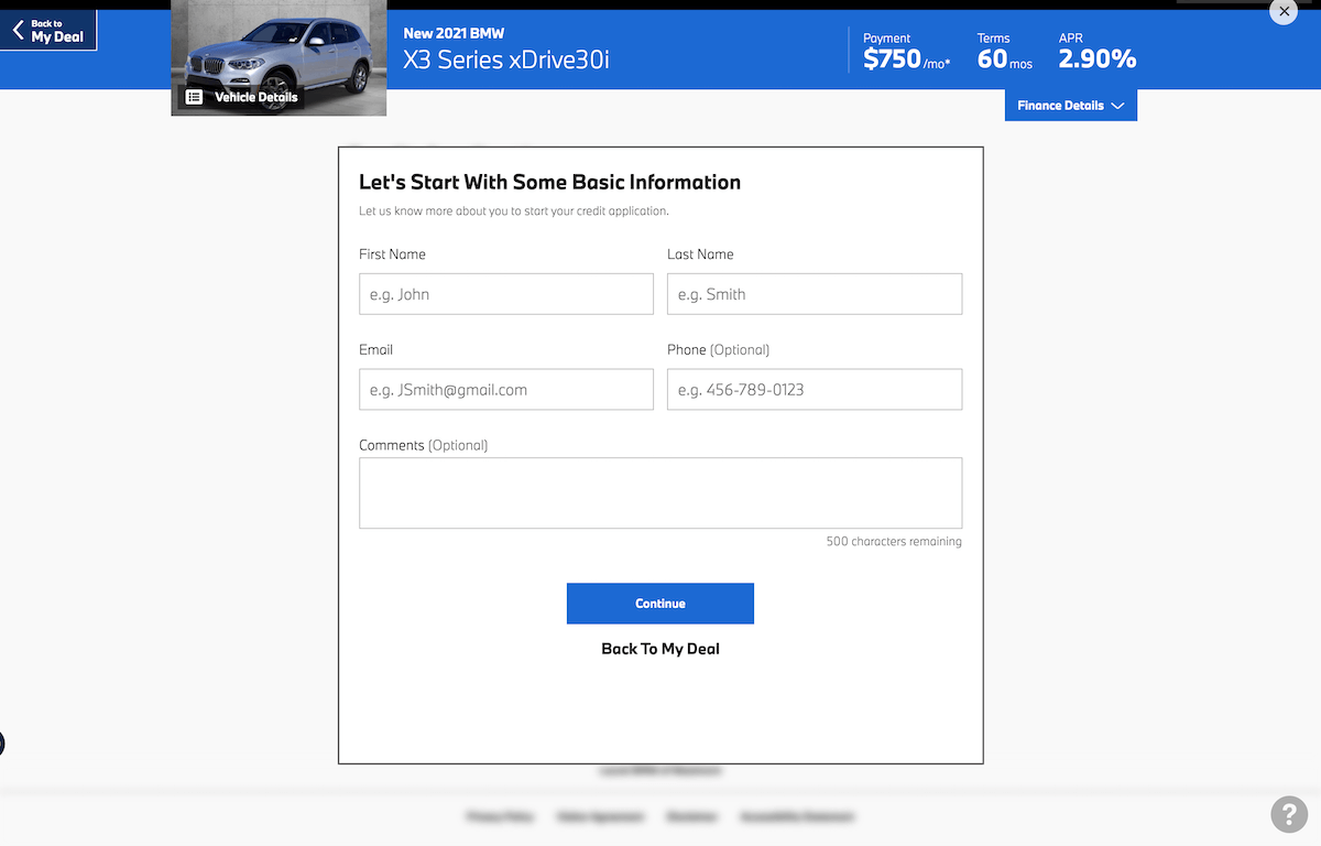 AutoNation Express apply for financing screen on desktop