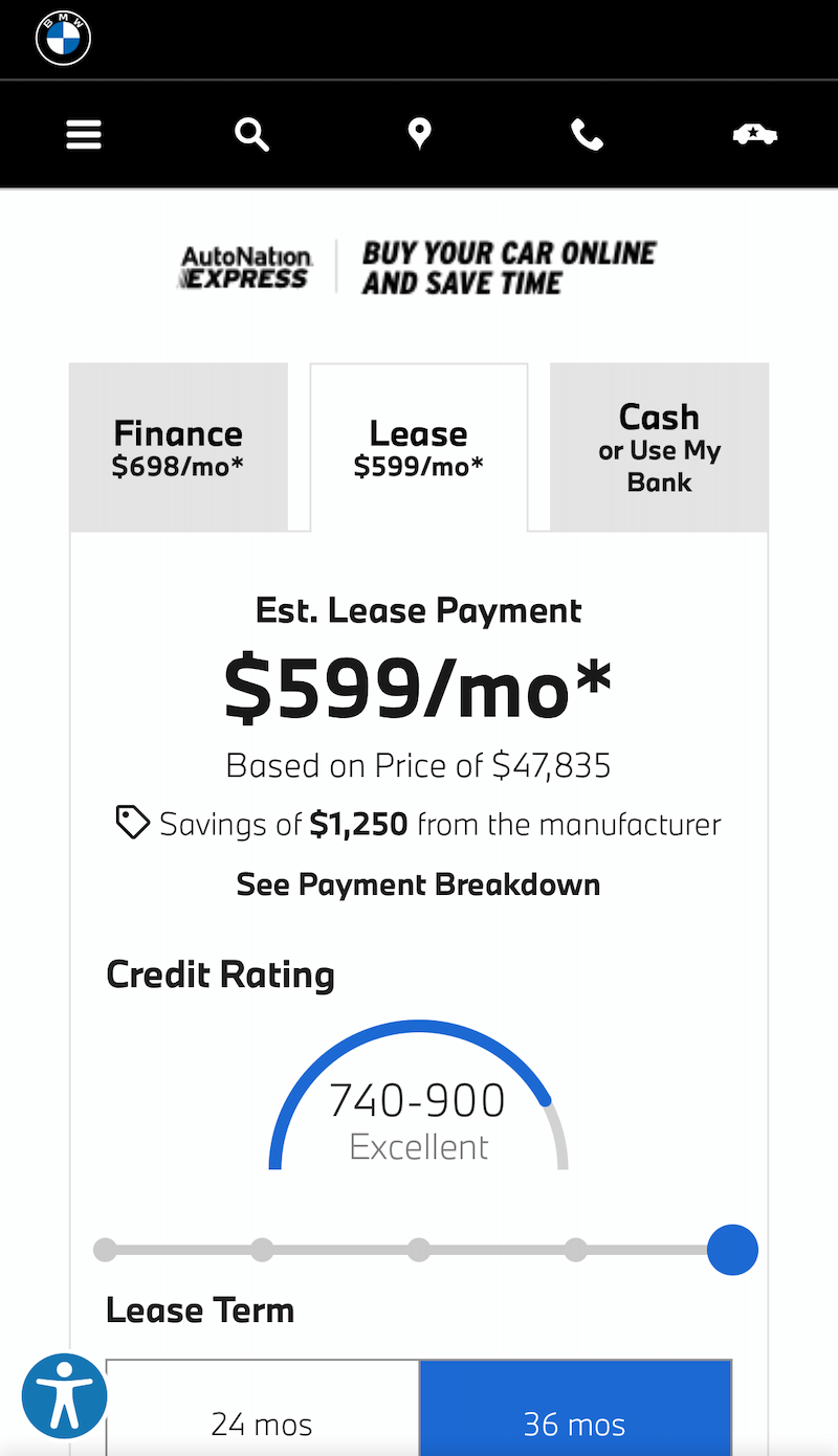 AutoNation Express payment calculator on a mobile device