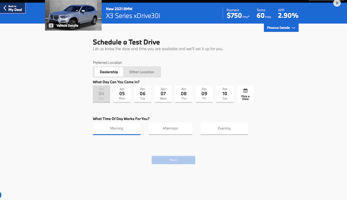 AutoNation Express schedule a test drive screen on desktop