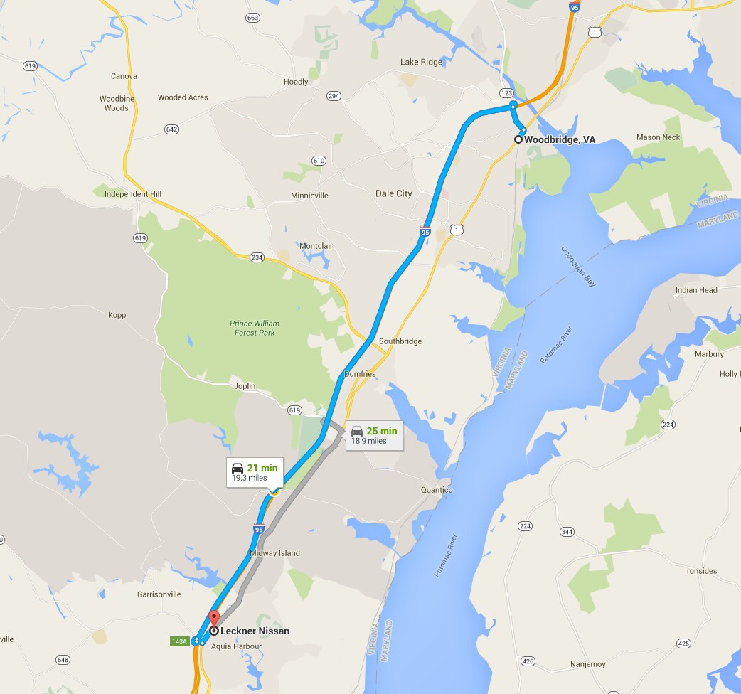 Directions from Fredericksburg, VA to Leckner Nissan in Stafford, VA