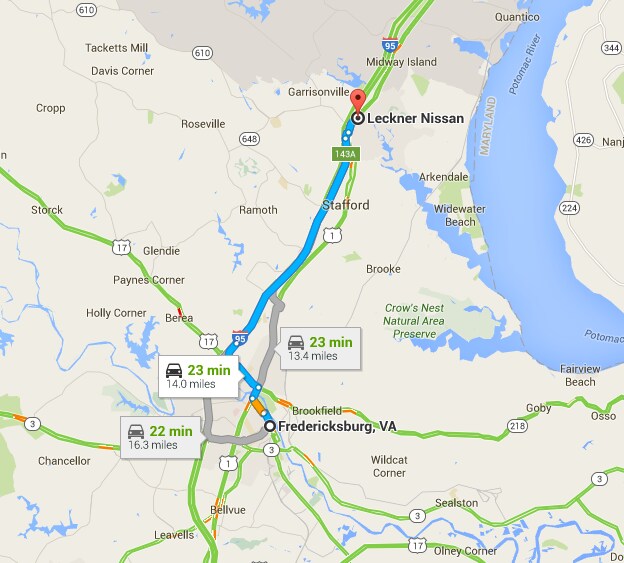 Directions from Fredericksburg, VA to Leckner Nissan in Stafford VA