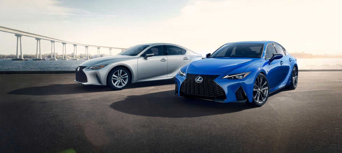 2021 Lexus IS350 FSport Sedans blue and silver by shore with bridge_long.jpeg