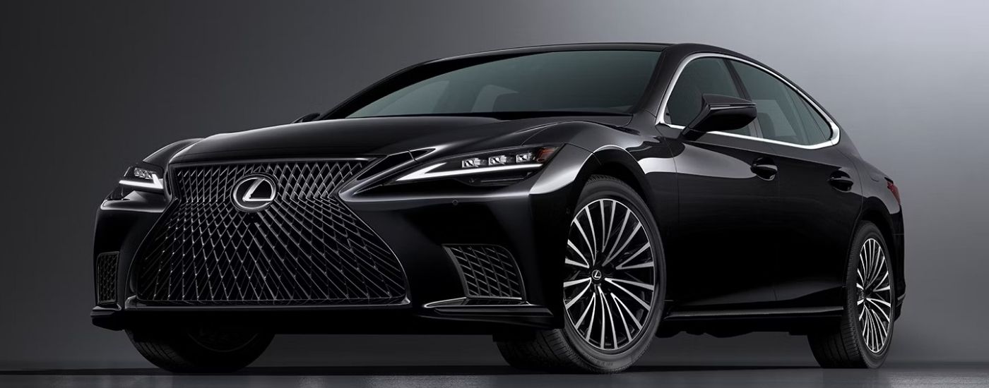A black 2025 Lexus LS from the front after leaving a Lexus dealer near Bettendorf.