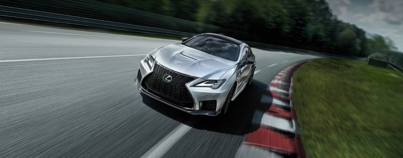 A grey 2025 Lexus RCF from the front after leaving a Lexus dealer near Davenport.
