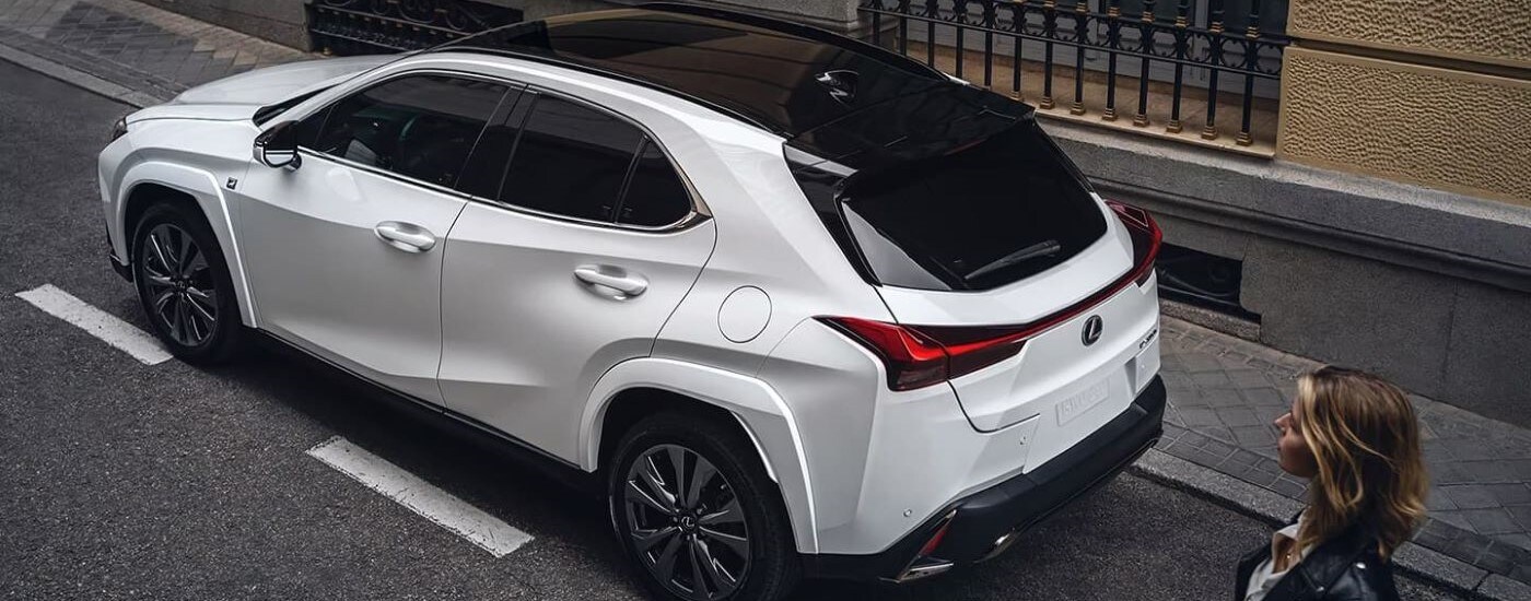 White 2024 Lexus UX parked by a curb.