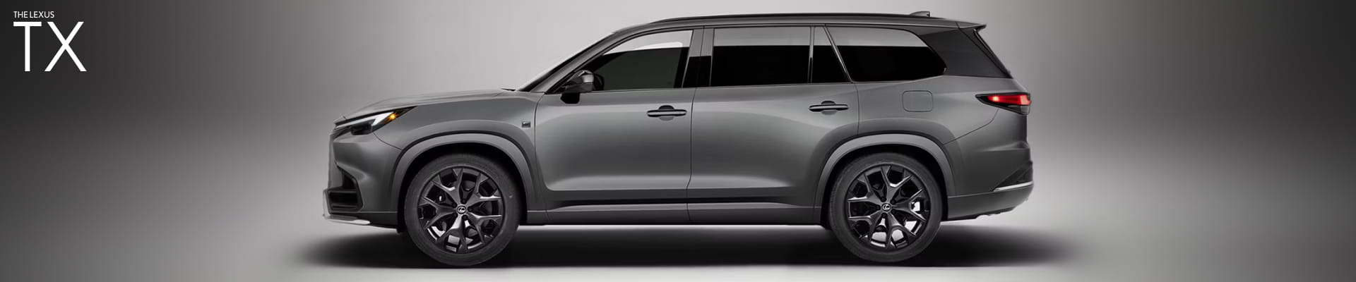 Side profile of a gray Lexus TX against a gradient background.