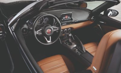 Fiat 124 Spider interior of the Fiat 124 Spider showing front seats, steering wheel and dashboard