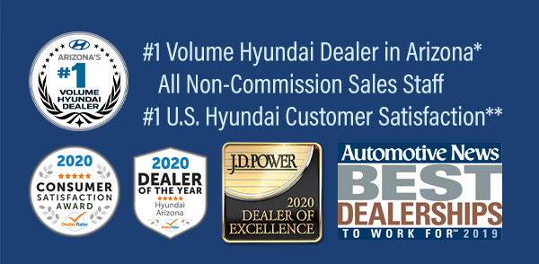 Larry H. Miller Hyundai Peoria: Non-Commission Sales Staff, #1 Volume Hyundai Dealer in Arizona*, #1 Hyundai Dealer in Customer Satisfaction in the United States for Sales & Service**, DealerRater 2020 AZ Hyundai Dealer of the Year and Automotive News Best Dealerships to Work For, 2019 Non-Commission Sales Staff, #1 Volume Hyundai Dealer in Arizona*, Voted Highest in Customer Satisfaction**, DealerRater 2020 AZ Hyundai Dealer of the Year and Automotive News Best Dealerships to Work For, 2019