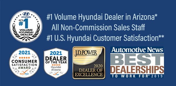 Larry H. Miller Hyundai Peoria: Non-Commission Sales Staff, #1 Volume Hyundai Dealer in Arizona*, #1 Hyundai Dealer in Customer Satisfaction in the United States for Sales & Service**, DealerRater 2021 AZ Hyundai Dealer of the Year and Automotive News Best Dealerships to Work For, 2019 Non-Commission Sales Staff, #1 Volume Hyundai Dealer in Arizona*, Voted Highest in Customer Satisfaction**, DealerRater 2021 AZ Hyundai Dealer of the Year and Automotive News Best Dealerships to Work For, 2019