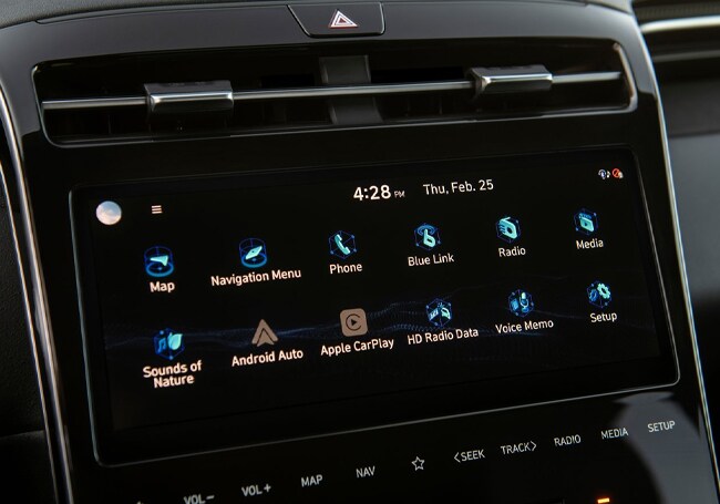 Interior view of touch screen on the all-new 2022 Hyundai Santa Cruz Sport Adventur Vehicle.
