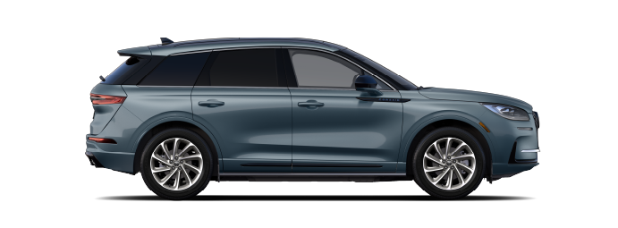 The passenger side of a 2025 Lincoln CorsairĀ® Grand Touring SUV in the Whisper Blue extra-cost exterior paint option is shown.