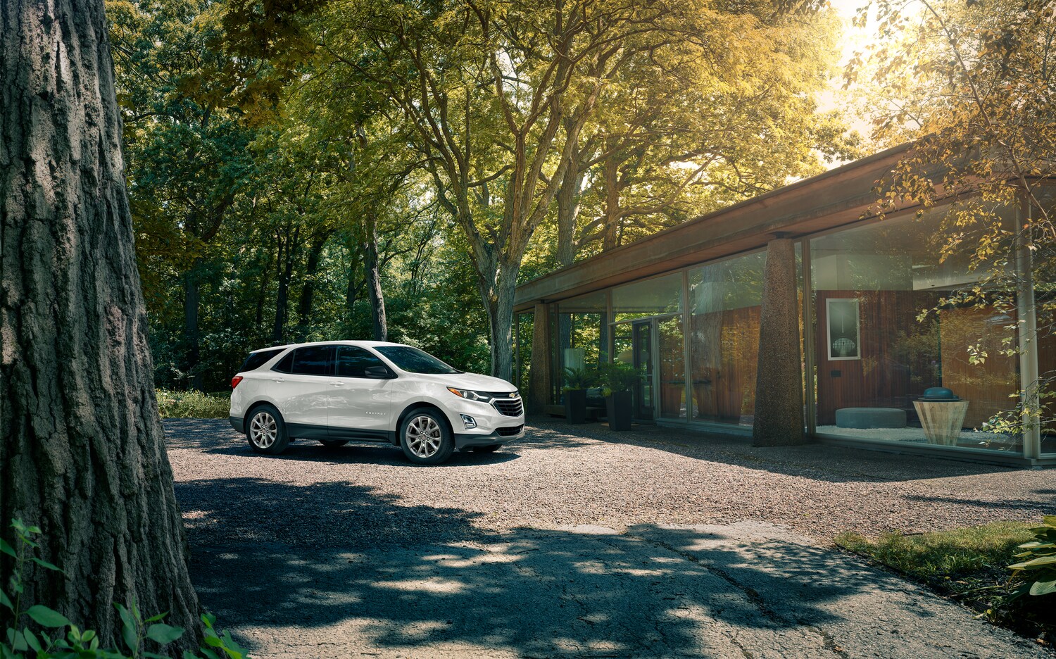 2021-Chevrolet-Equinox-L-SUV-L01.png white Chevy Equinox parked under a tree next to a modern home with a wall of windows