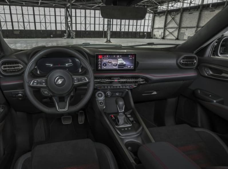 2024 Dodge Hornet interior.png Dodge Hornet grey cloth interior, steering and infotainment