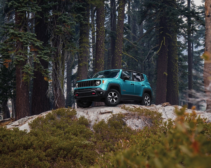 2023-Jeep-Renegade-Trailhawk-SUV-L04.png teal Jeep Renegade SUV parked on a ridge in the woods