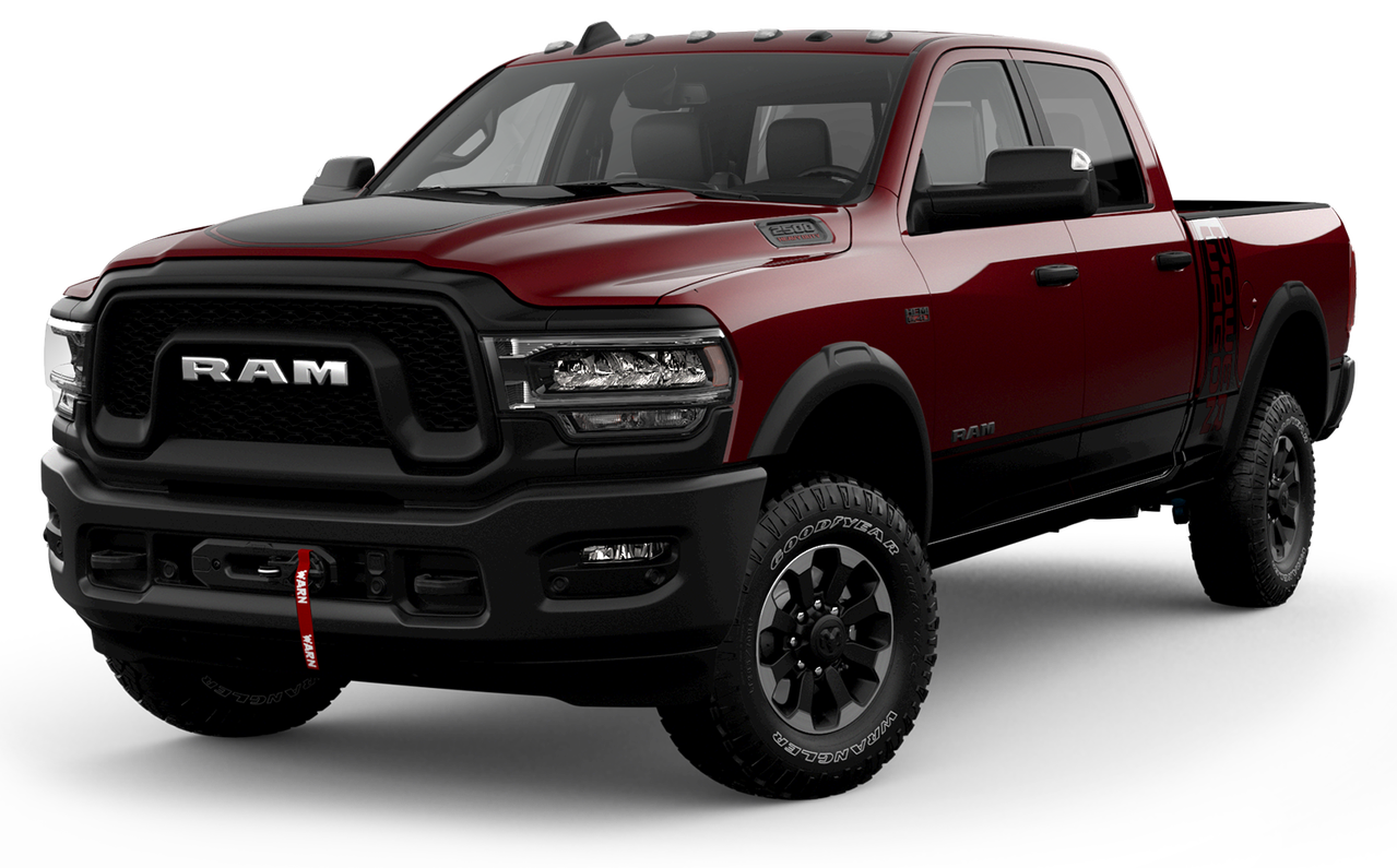 maroon Ram 2500 heavy-duty truck with Cummins Turbo Diesel engine