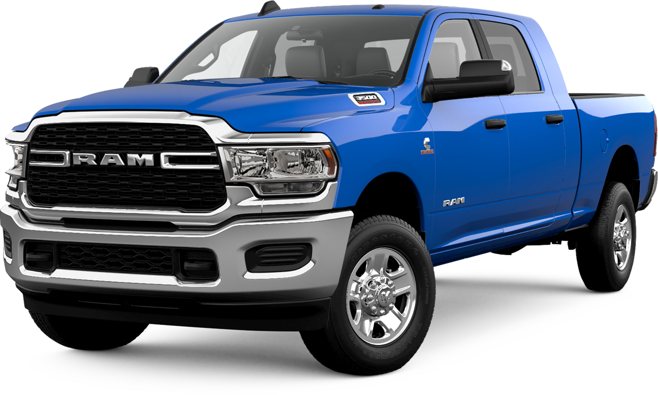 light blue Ram 3500 heavy-duty truck with Cummins diesel engine