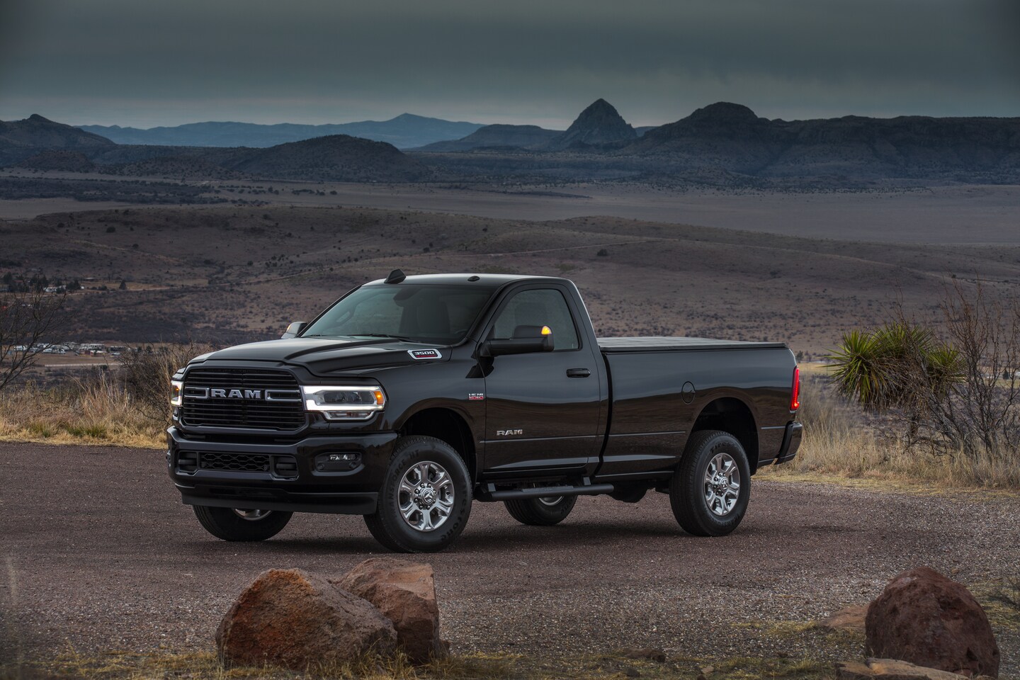 black Ram 3500 parked in a desert