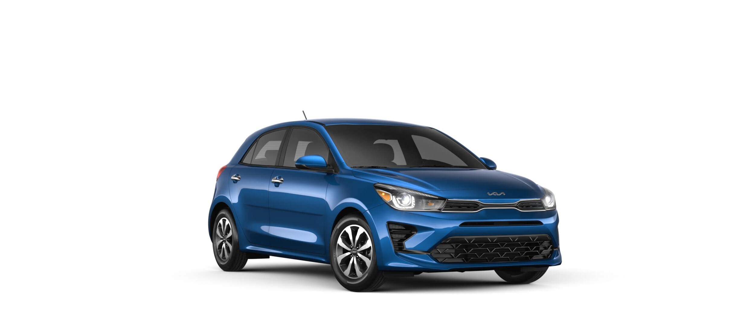 bright blue Kia Rio hatchback, no background