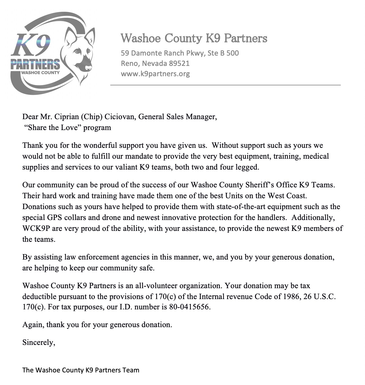 K9 Partners of Washoe County Thank you Letter to Reno Subaru