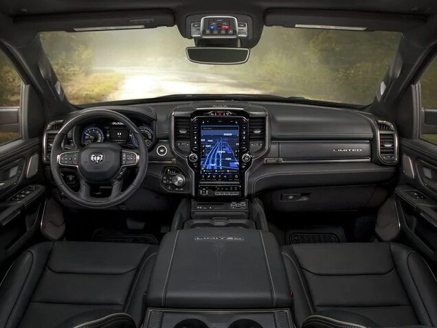 Ram 1500 Technology.PNG black Ram 1500 truck interior, windshield, steering, dashboard, and front seats
