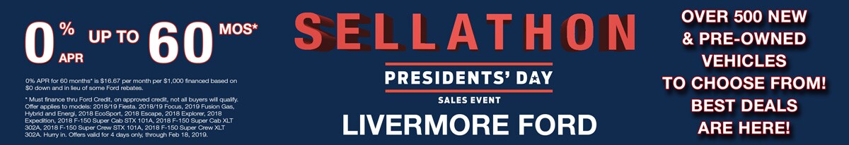 See Presidents Day Deals on new 2019 Ford Models, like F-150, Explorer, Escape, Edge & other models. 2019 Ford Presidents Day Purchase, Finance and Lease Offer Details | Ford offers during Presidents Day Sale near Livermore, in SF Bay Area.