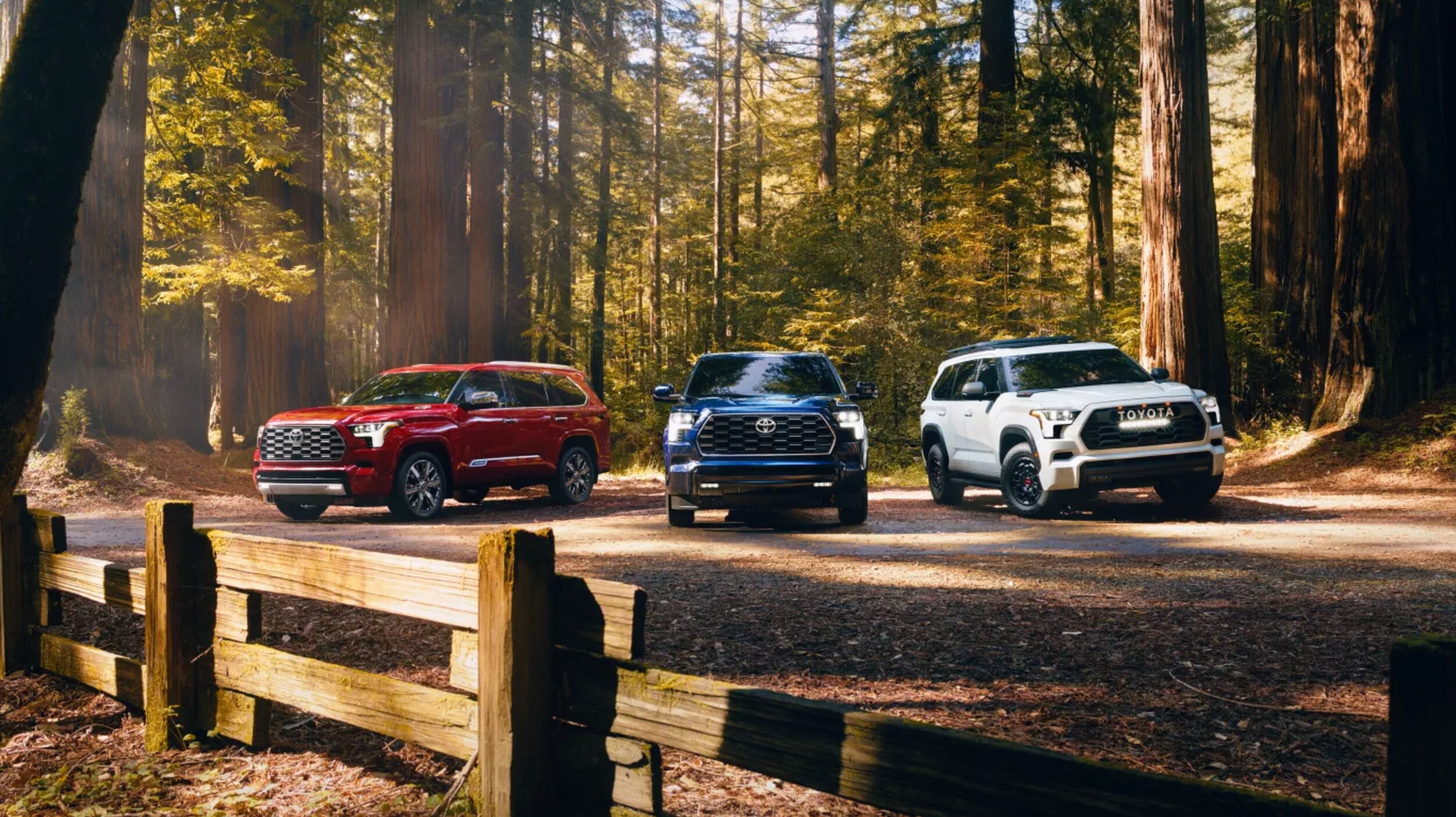 2026 Toyota Sequoia Capstone shown in Supersonic Red, Platinum shown in Blueprint, and TRD Pro shown in Ice Cap for sale near Austin, TX