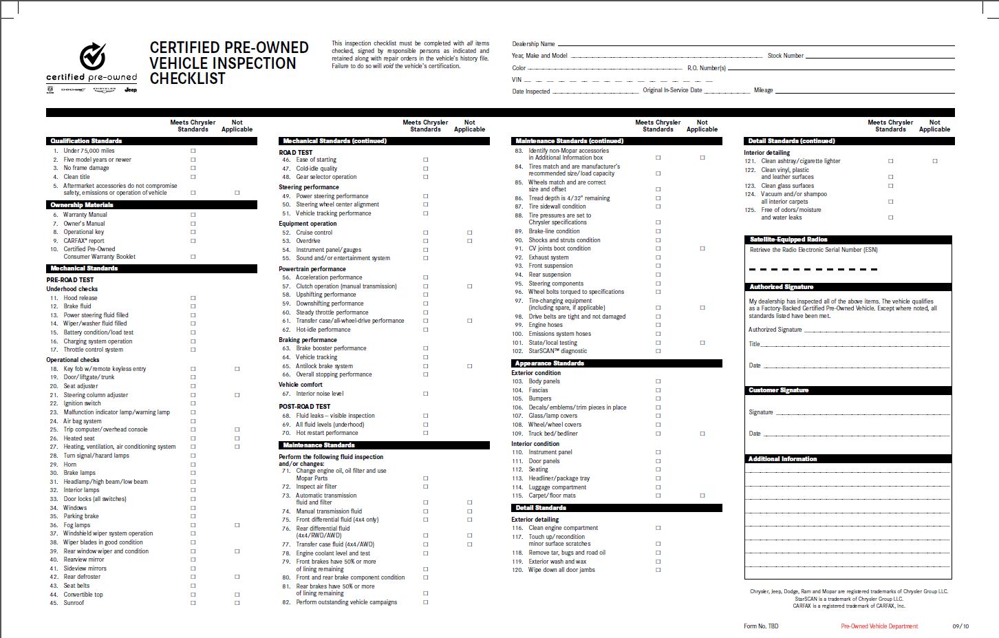 Chrysler new vehicle delivery check sheet