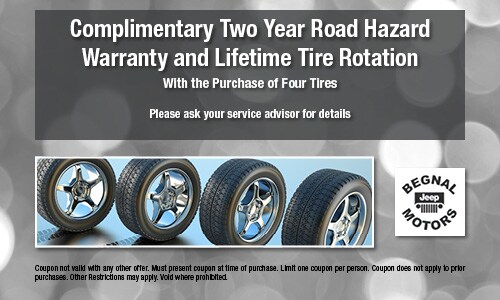 Complimentary Two Year Road Hazard Warranty and Lifetime Tire Rotation