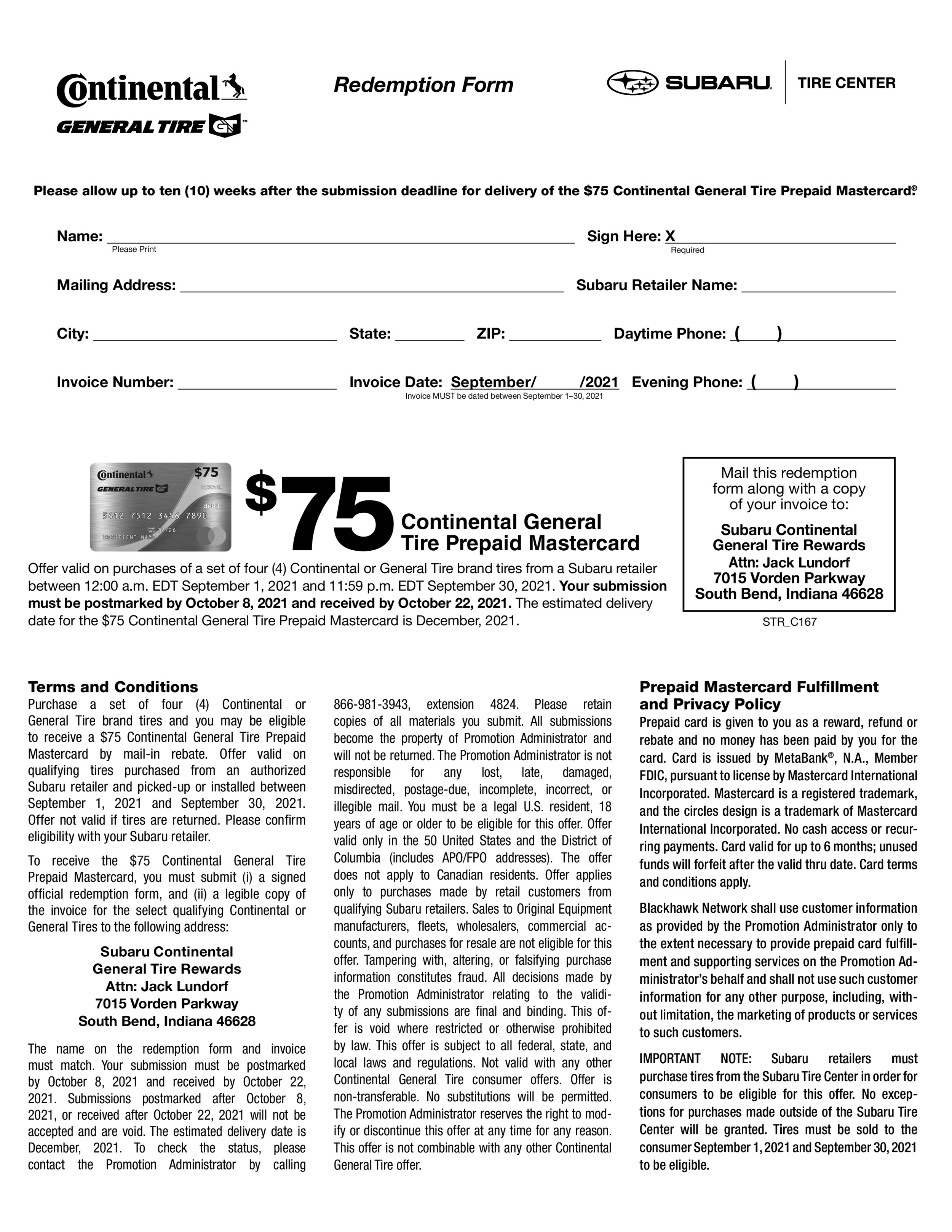 Subaru September Continental-General -75 Mail-in Rebate Redemption Form (C167).png