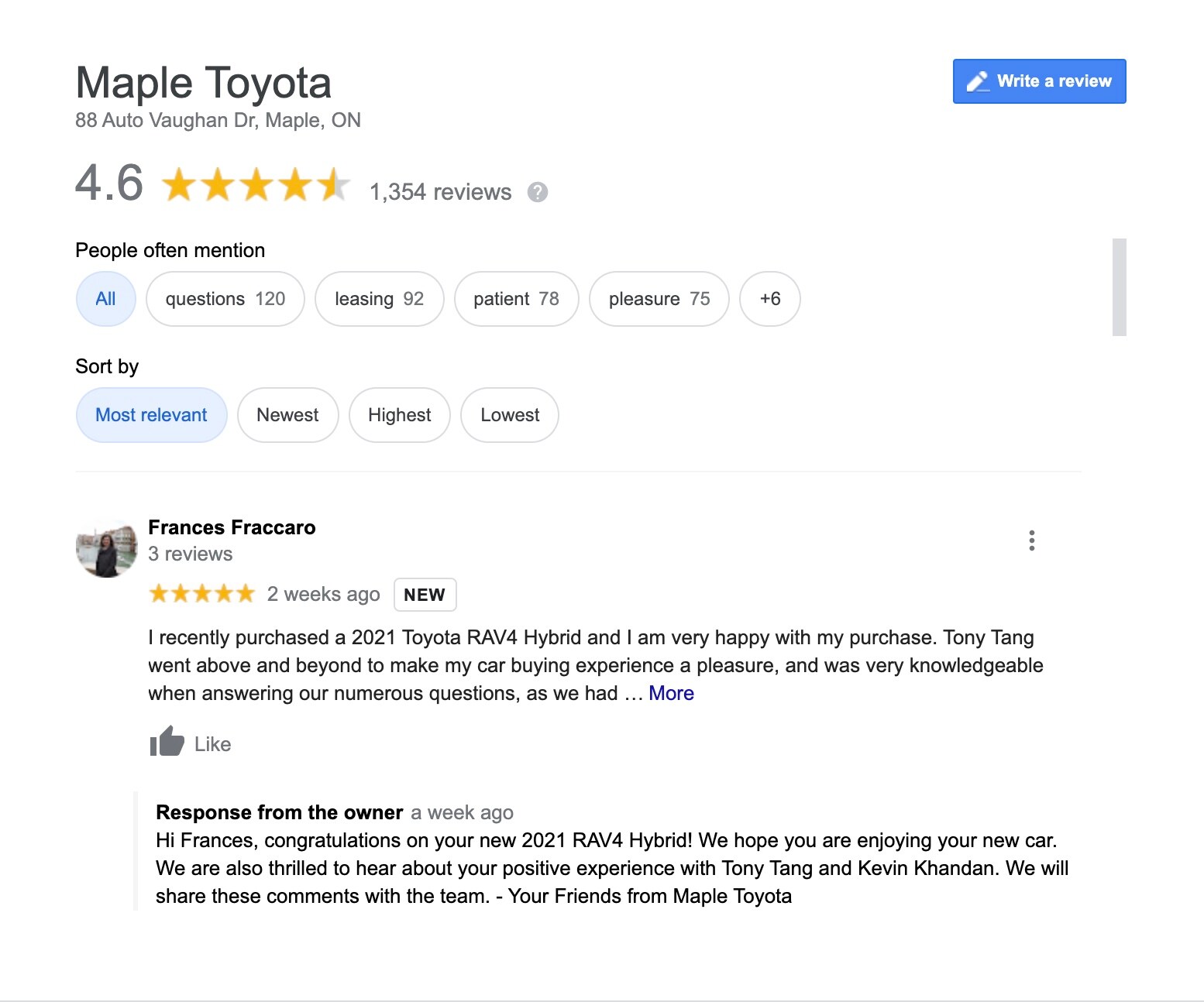 Maple Toyota Google Review Rating.jpg