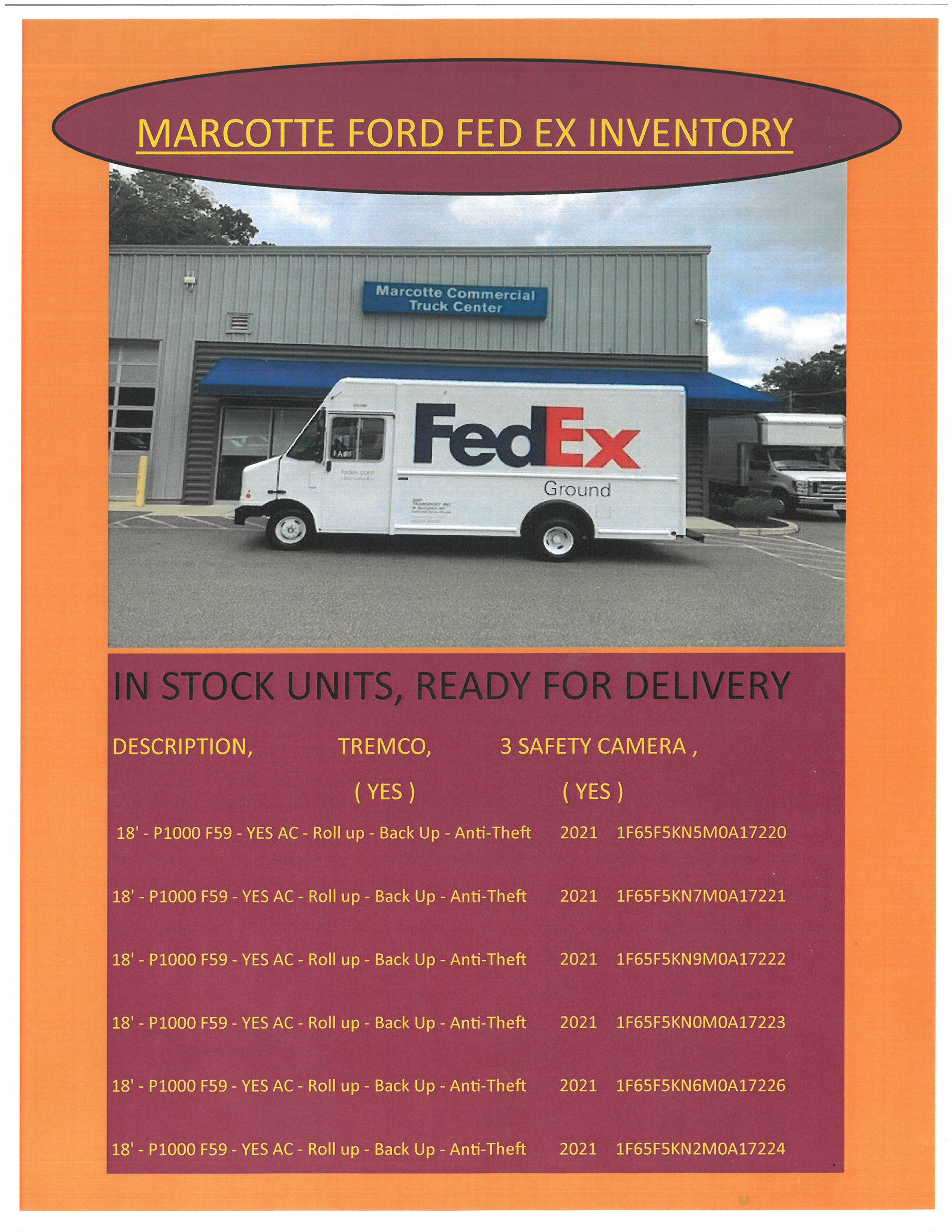 List of Marcotte Ford FED EX Inventory