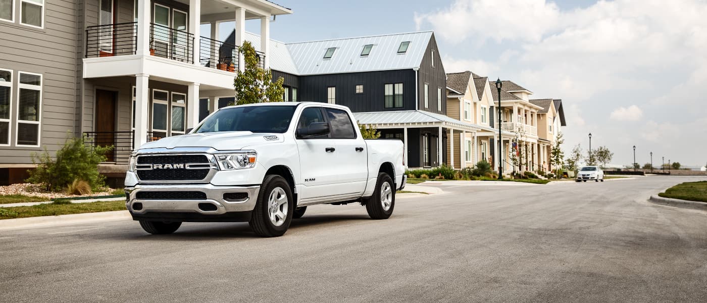 2020 Ram 1500 driving in a neighborhood