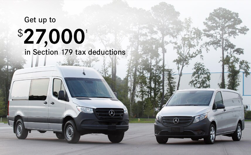 Section 179 - Van Line.jpg Two Mercedes-Benz vans in front of trees.