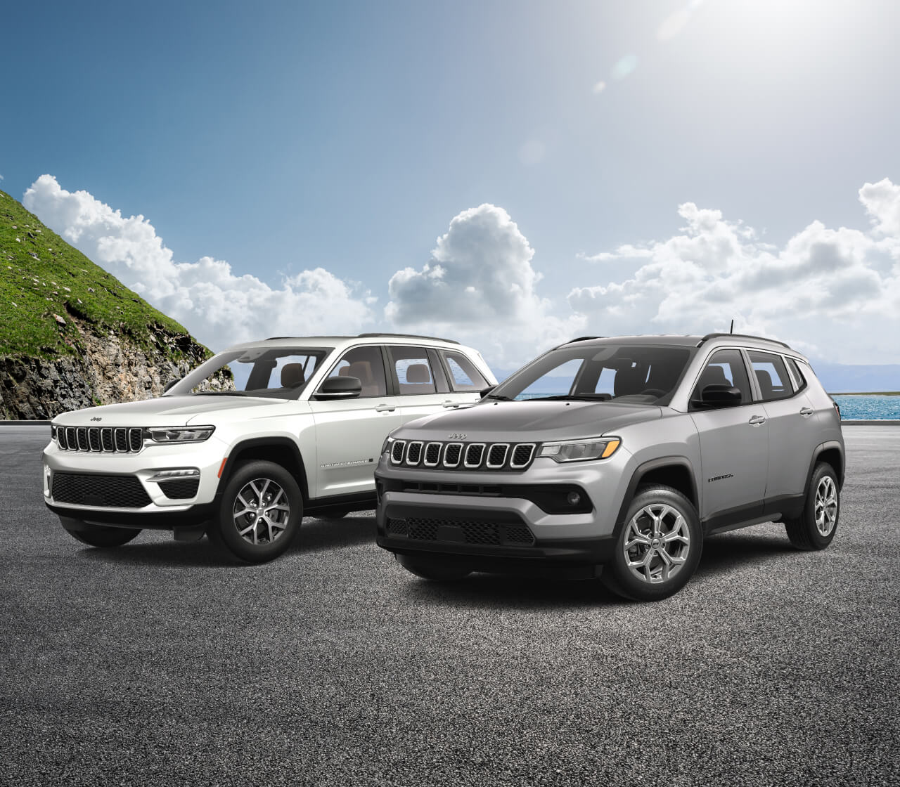 2025 Jeep Grand Cherokee Limited in Bright white & 2025 Jeep Compass Latitude in Silver Zynith Metallic