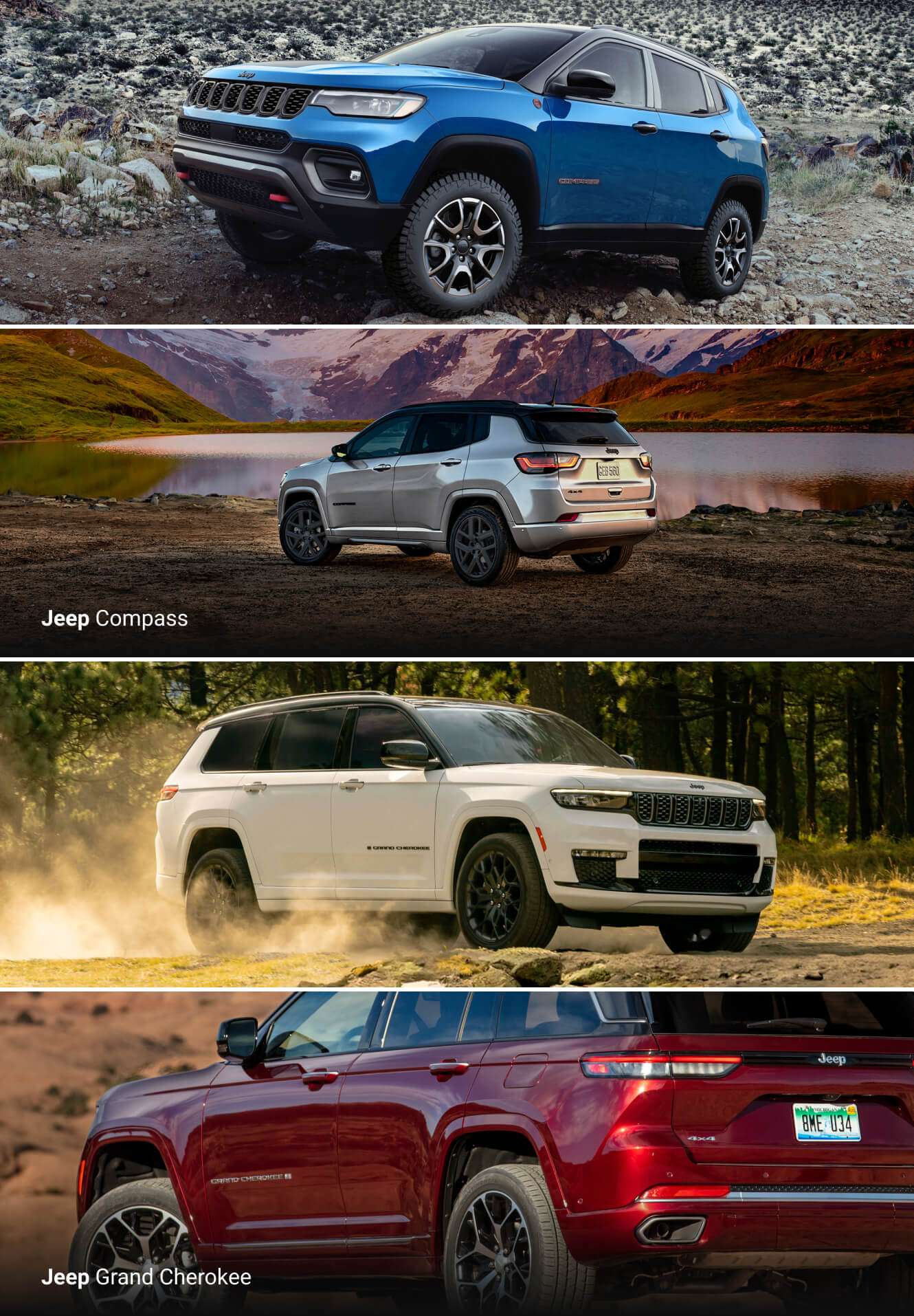4 images of the 2025 Jeep Compass & 2025 Jeep Grand Cherokee in various trims enduring off-road terrain