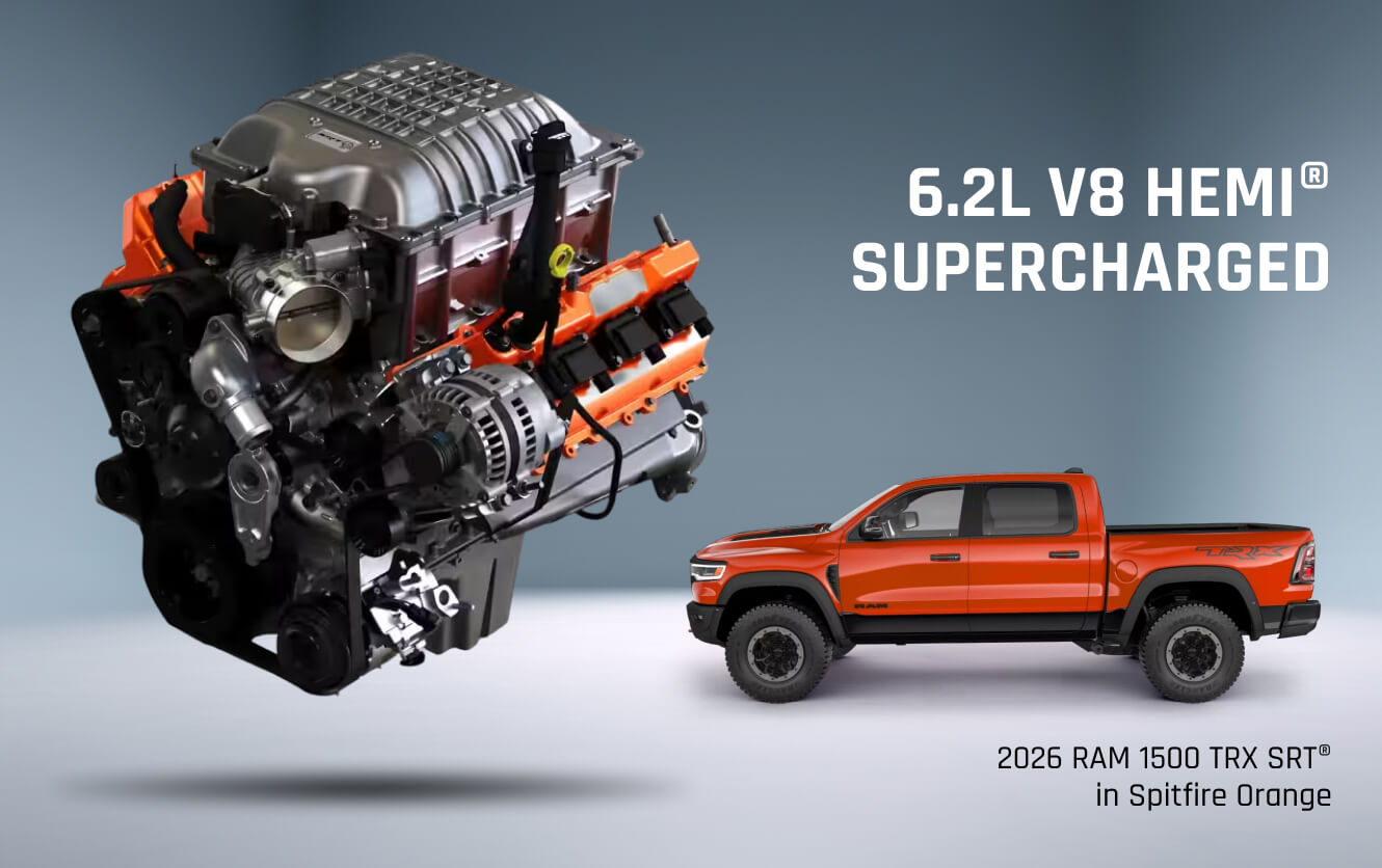2026 RAM 1500 TRX SRT Crew Cab in Spitfire Orange and a breakout of the 6.2L V8 Supercharged Engine