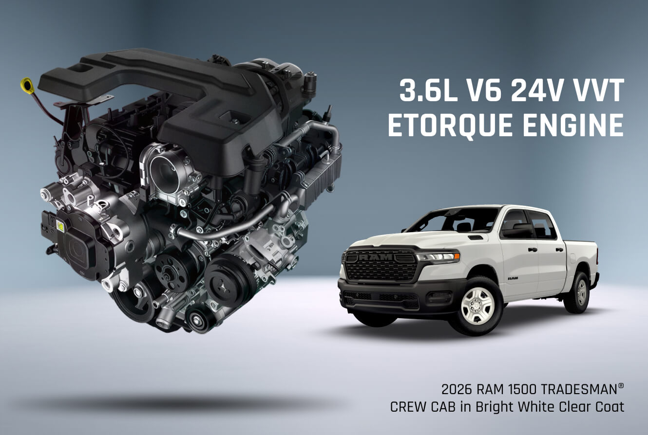 2026 RAM 1500 TRADESMAN Crew Cab in Bright White Clear Coat and a breakout of the 3.6L V6 24V VVT Etorque Engine
