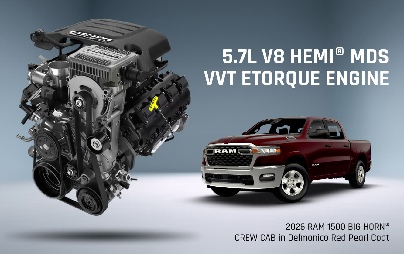 2026 RAM 1500 BIG HORN Crew Cab in Delmonico Red Pearl Coat and a breakout of the 5.7L V8 HEMI MDS VVT Etorque Engine