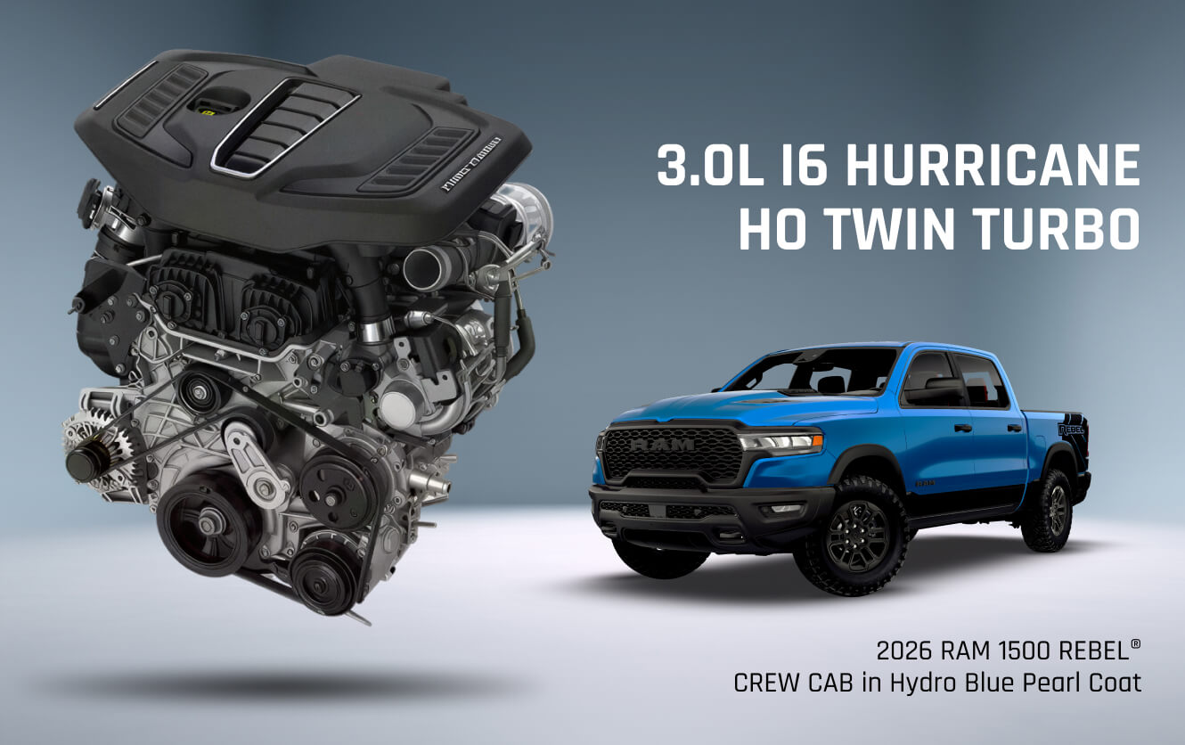 2026 RAM 1500 REBEL Crew Cab in Hydro Blue Pearl Coat and a breakout of the 3.0L I6 HURRICANE H0 Twin Turbo Engine