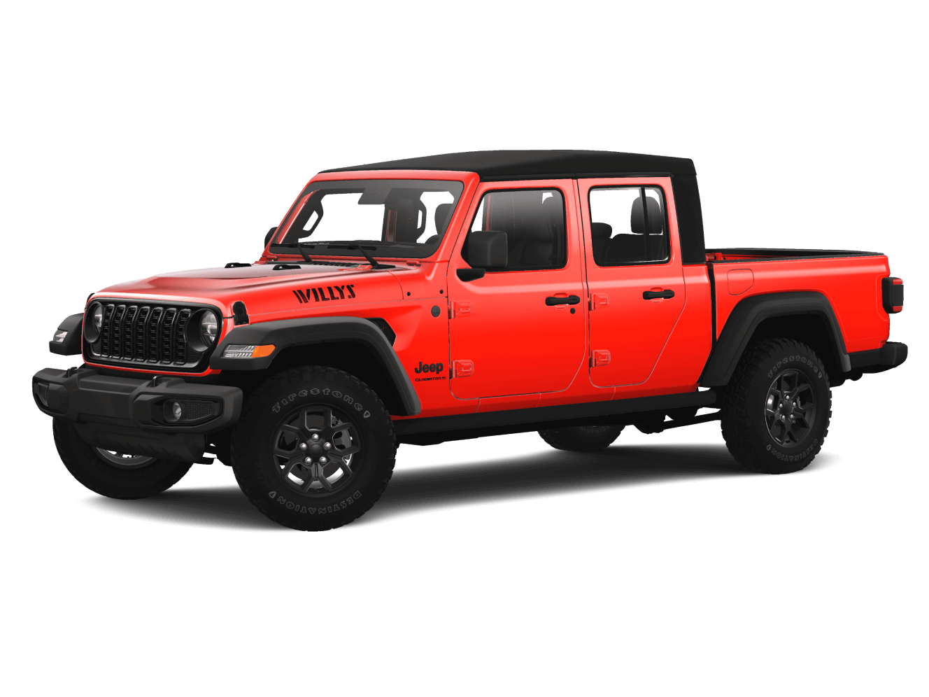 2025 Jeep Gladiator Willys in Firecracker Red Clear-Coat with 17-inch Satin Black Willys Wheels and On/Off Road tires