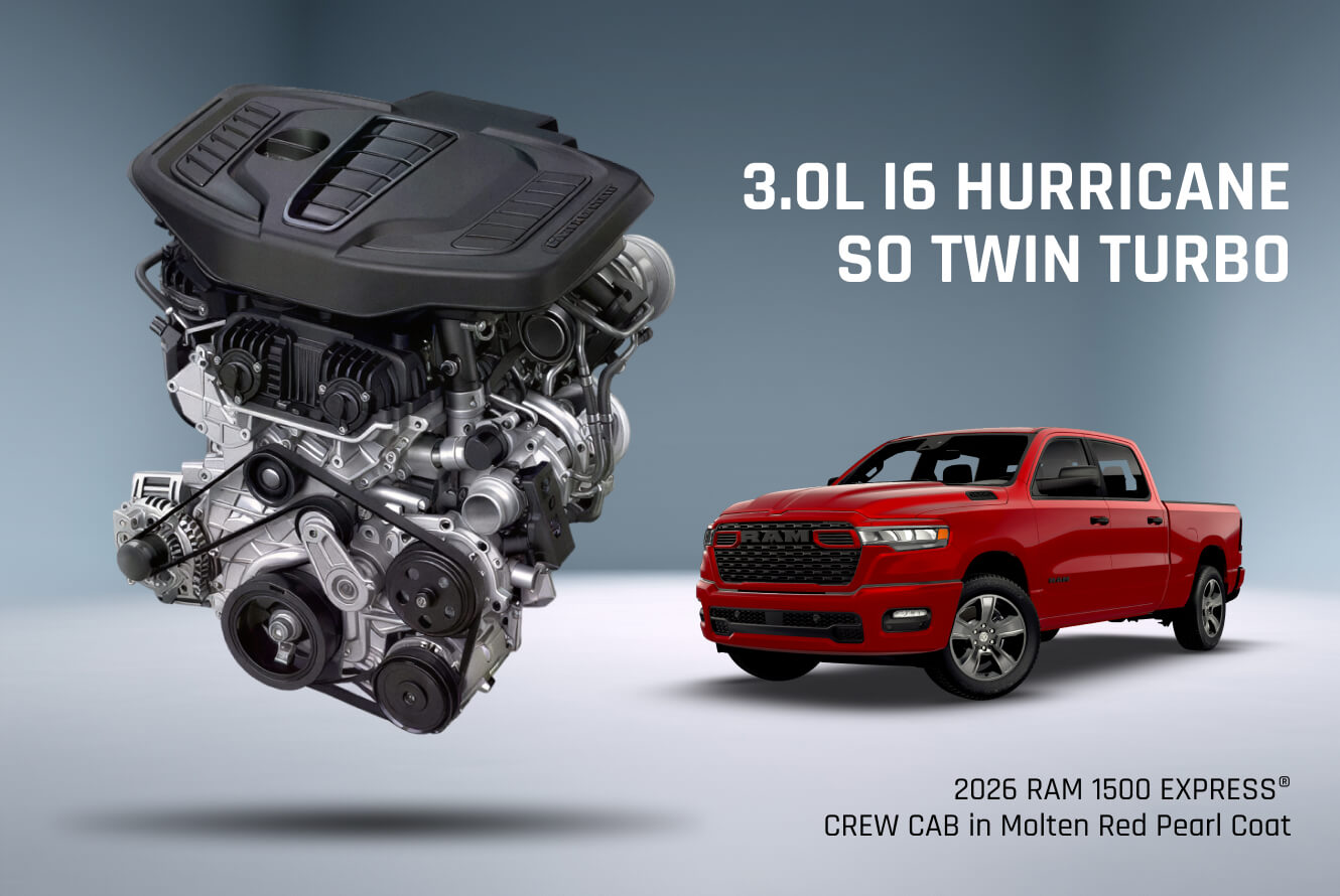 2026 RAM 1500 EXPRESS Crew Cab in Molten Red Pearl Coat and a breakout of the 3.0L I6 HURRICANE S0 Twin Turbo Engine