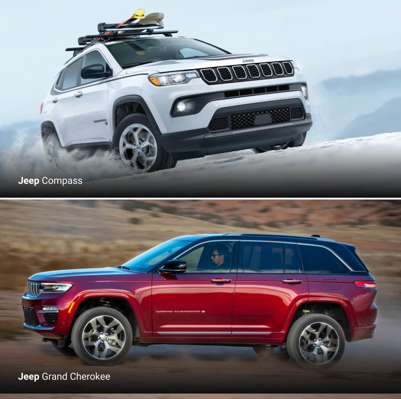 2025 Jeep Compass Latitude in Bright White featuring 19-inch Gloss Black Wheels and a 2025 Jeep Grand Cherokee Summit Reserve in two tone velvet red pearl and black