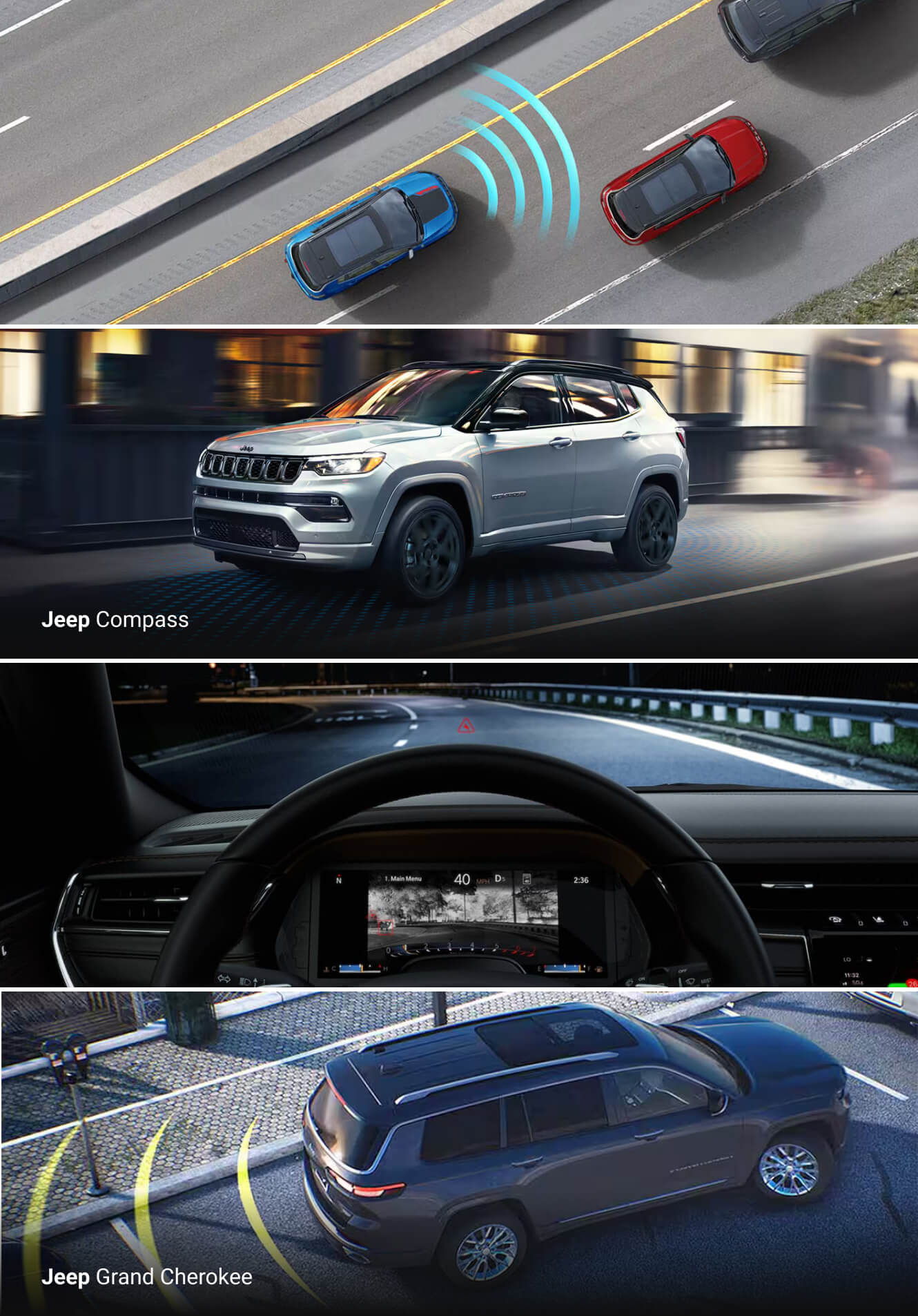 2025 Jeep Compass exterior, dashboard, and graphics displaying rear and forward collision warnings and night vision camera