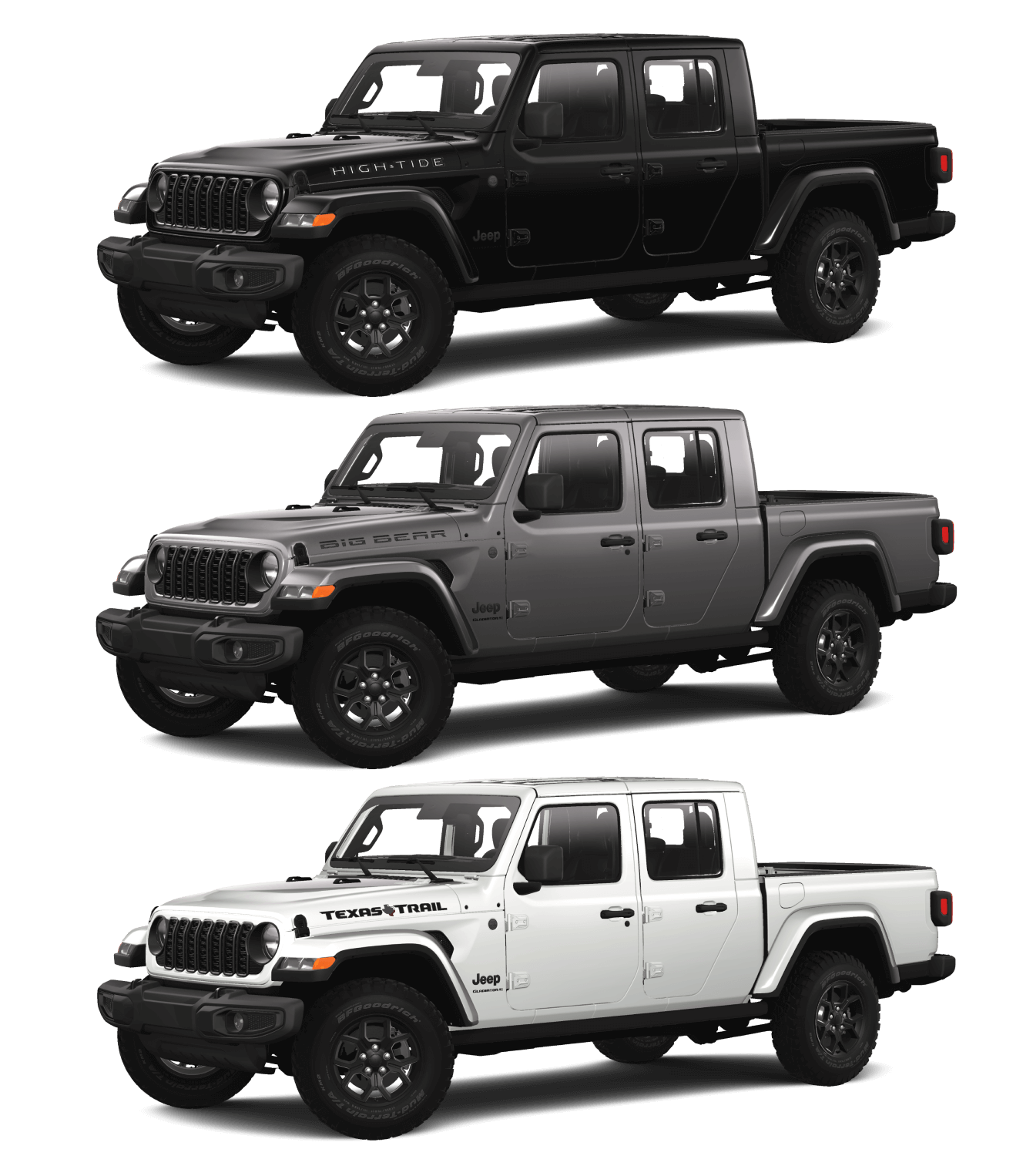 Three State-Exclusive 2025 Jeep Gladiator Trims including the Jeep Gladiator High Tide (available in Florida), Jeep Gladiator Big Bear (available in California), and Jeep Gladiator Texas Trail (available in Texas)
