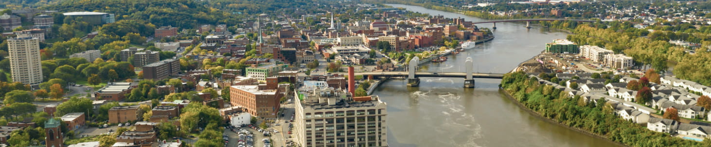 Aerial Perspective over Downtown Troy New York on the Hudson River