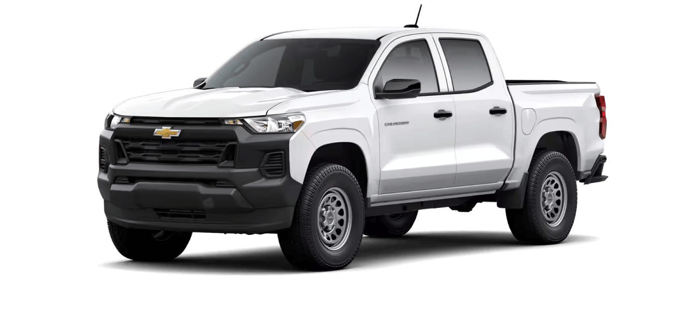Front three-quarter view of a 2026 Colorado 2WD Work Truck in Summit White.