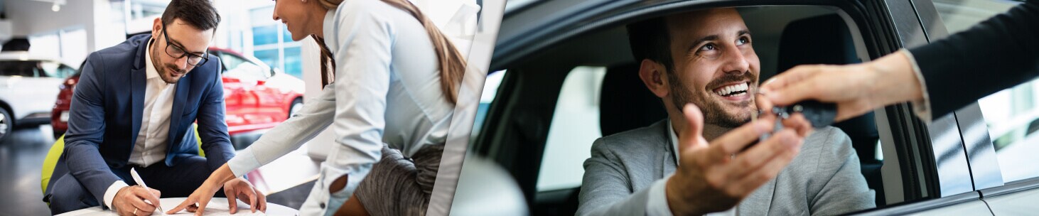 A financing agent helps a customer sign a leasing agreement. Keys are handed to a man behind the wheel of a car.