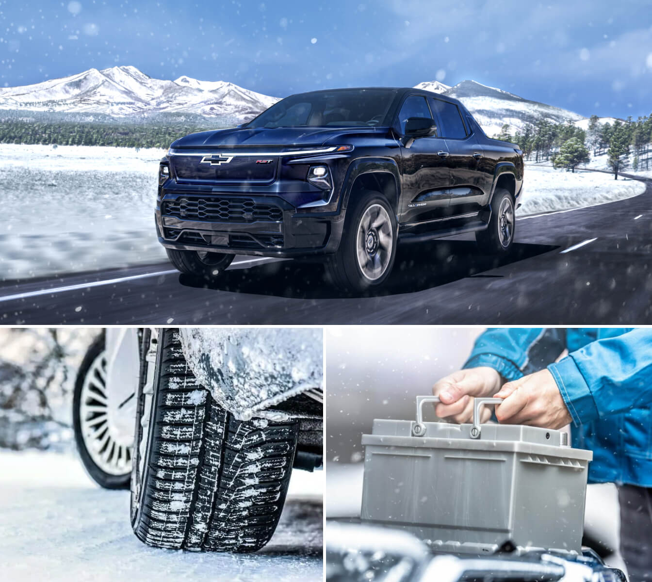 Collage of a black Chevy Silverado EV driving down a snowy highway with close ups of snow tires and a truck battery.