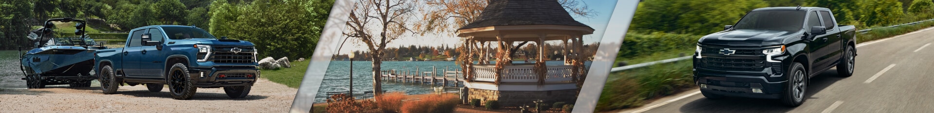 A blue Silverado tows a boat from a lake. The Clift Park gazebo at Skaneateles Lake. A black Silverado drives along a highway.