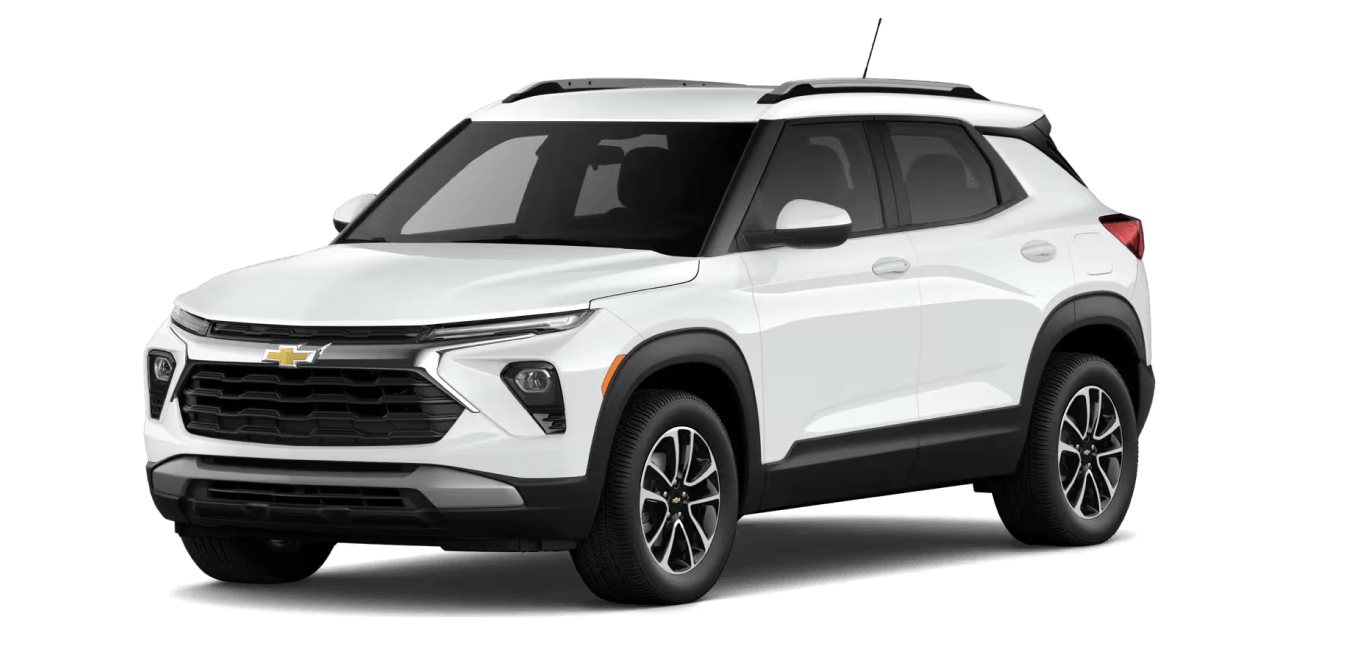 Front three-quarter view of a white 2026 Chevy Trailblazer AWD LT